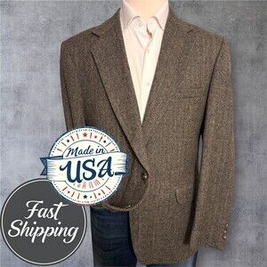 Vintage TWEED WOOL Mens Blazer 44R Sport Coat Jacket Brown Herringbone USA Made